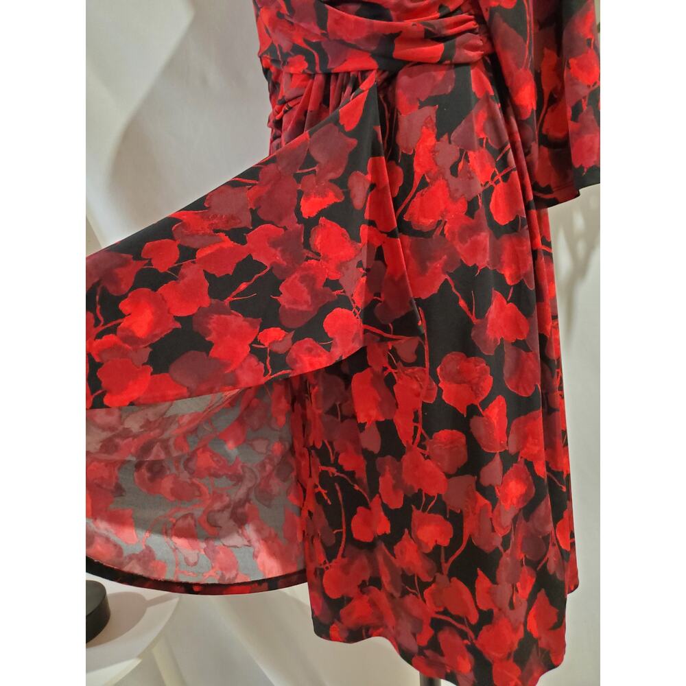 Chaps x Ralph Lauren Crossover Drape 3/4 Sleeve Faux Wrap Dress Sz XL Red Black - Picture 6 of 13